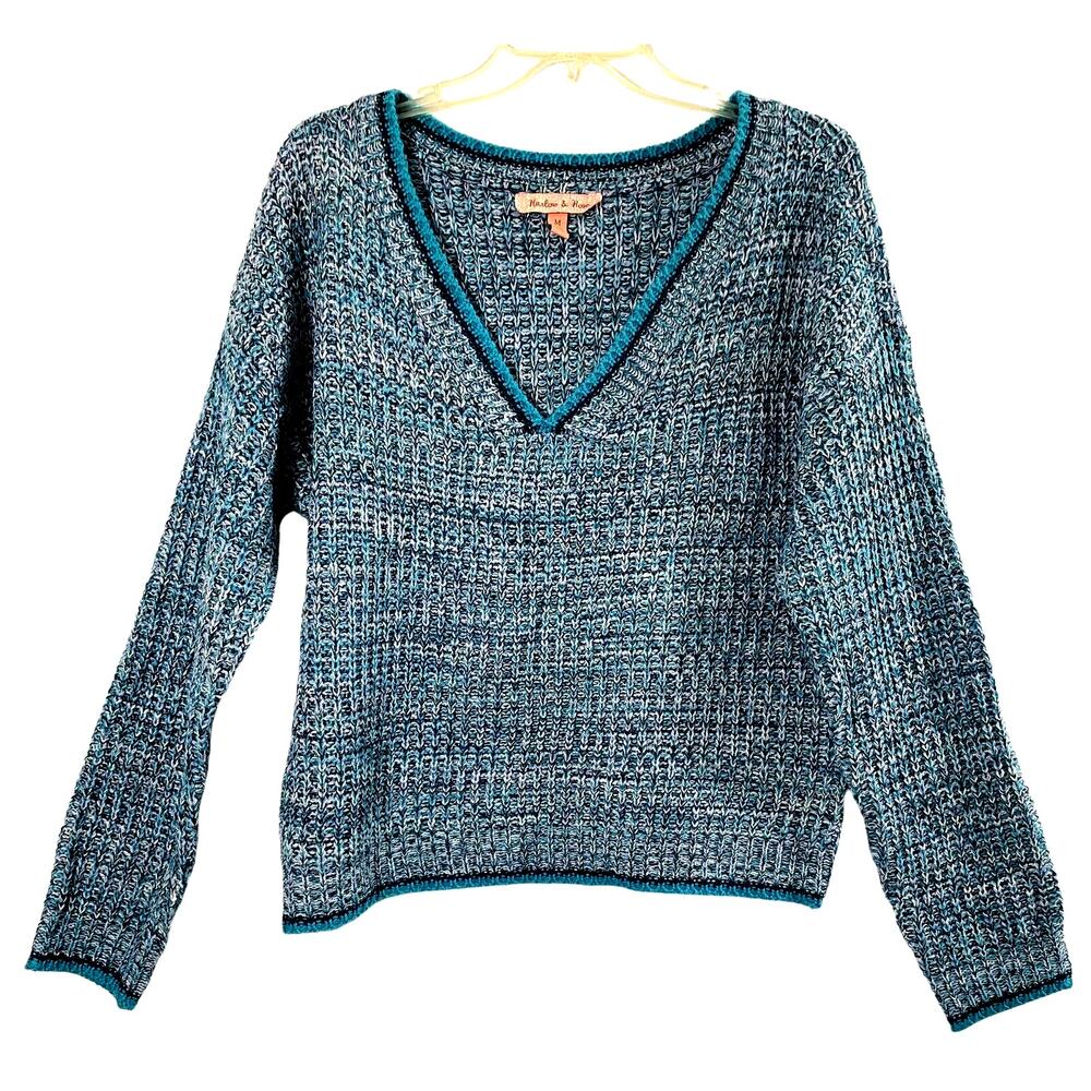 Harlow & Rose Sweater Womens Medium Blue V Neck Chunky Knit Pullover School Girl